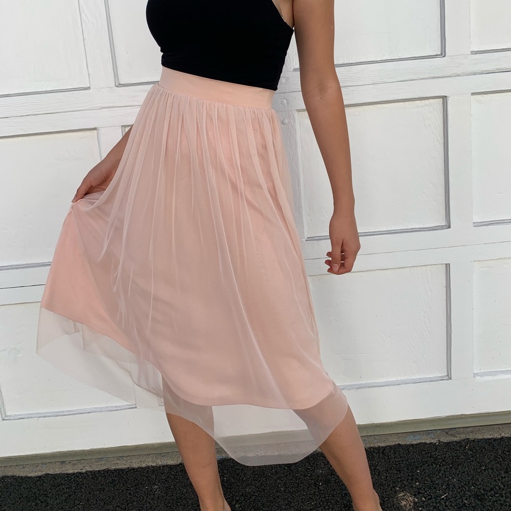 Blush pink mesh midi skirt